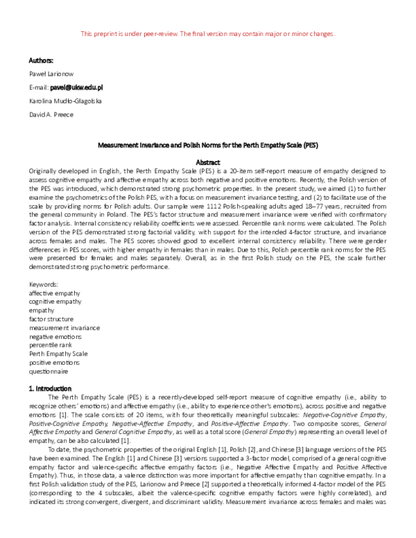 (PDF) Measurement Invariance and Polish Norms for the Perth Empathy ...