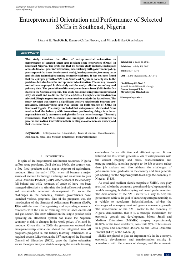 (PDF) Entrepreneurial Orientation and Performance of Selected SMEs in ...