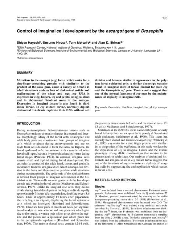 (PDF) Control of imaginal cell development by the escargot gene of ...