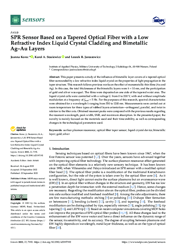 (PDF) SPR Sensor Based on a Tapered Optical Fiber with a Low Refractive ...