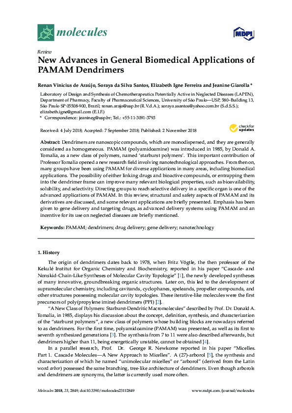 (PDF) New Advances in General Biomedical Applications of PAMAM Dendrimers