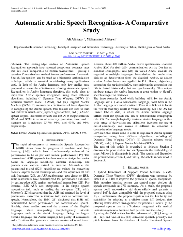 (PDF) Automatic Arabic Speech Recognition- A Comparative Study