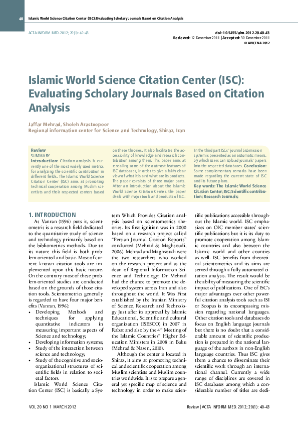 (PDF) Islamic World Science Citation Center (ISC): Evaluating Scholarly ...