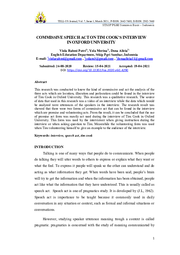 (PDF) Commissive Speech Act on Tim Cook’s Interview in Oxford University