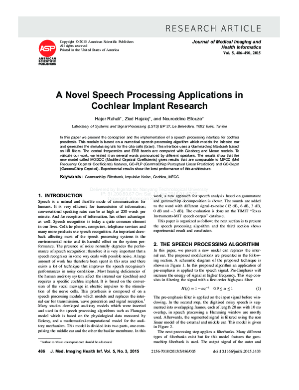 (PDF) A Novel Speech Processing Applications in Cochlear Implant Research