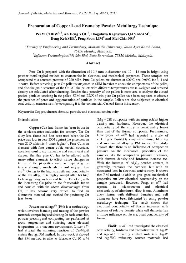 (PDF) Preparation of Copper Lead Frame by Powder Metallurgy Technique