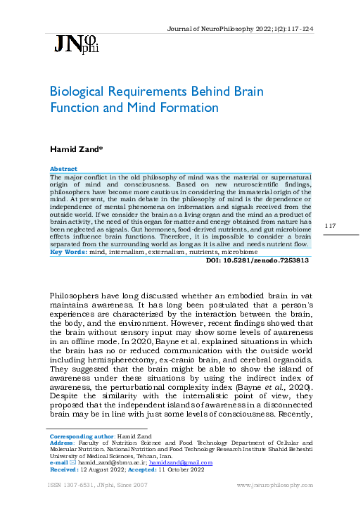 (PDF) Biological Requirements Behind Brain Function and Mind Formation