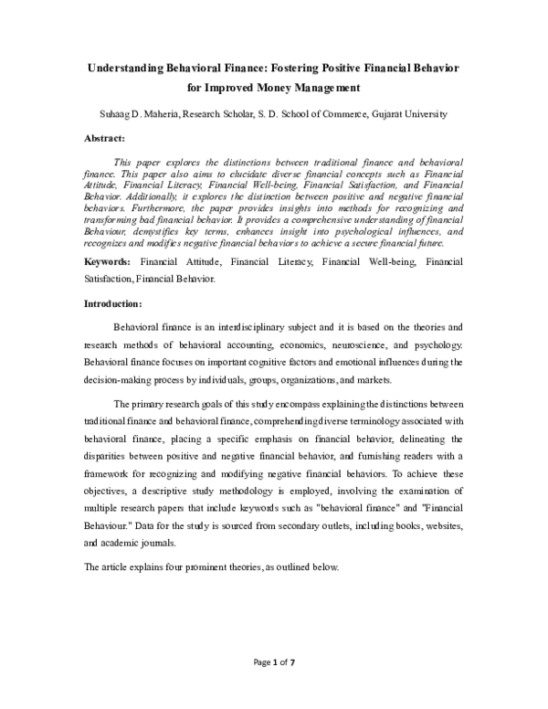 (PDF) Understanding Behavioral Finance: Fostering Positive Financial ...