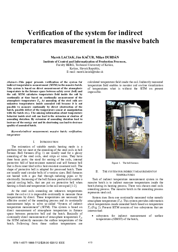 Verification of the system for indirect temperatures measurement in the massive batch