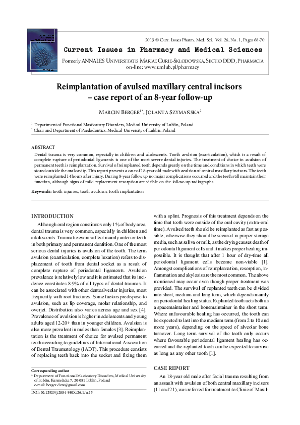(PDF) Reimplantation of avulsed maxillary central incisors – case ...