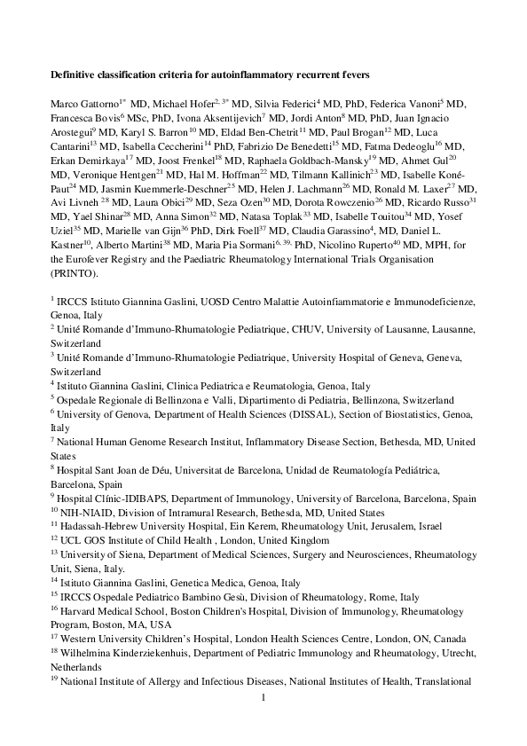 (PDF) Classification criteria for autoinflammatory recurrent fevers