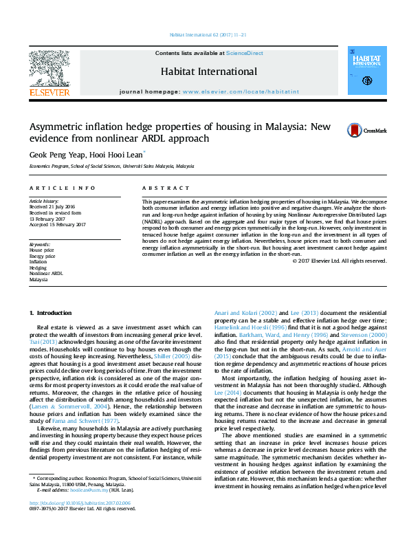(PDF) Asymmetric inflation hedge properties of housing in Malaysia: New ...