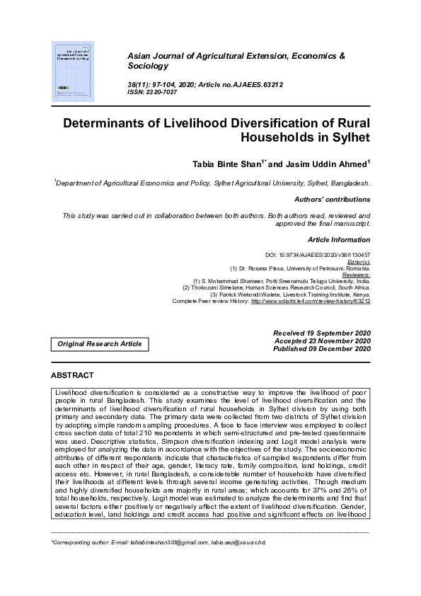 (PDF) Determinants of Livelihood Diversification of Rural Households in ...