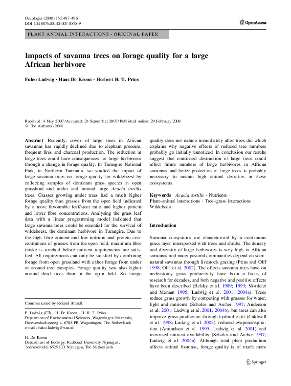 (PDF) Impacts of savanna trees on forage quality for a large African ...