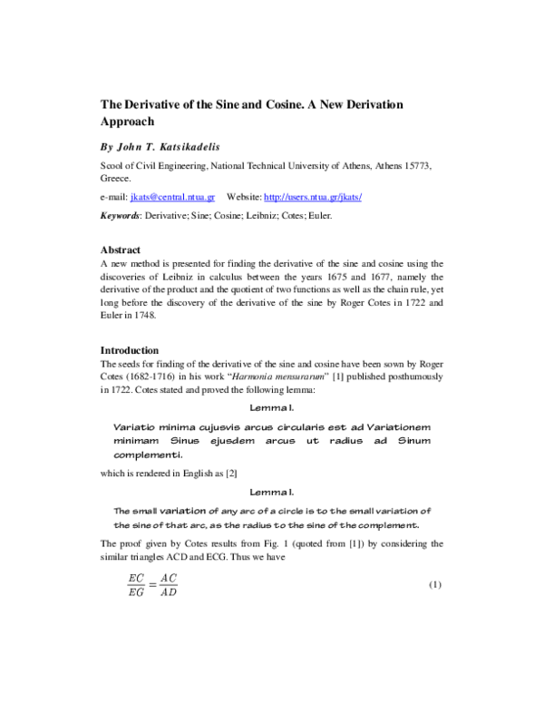 (PDF) The Derivative of the Sine and Cosine. A New Derivation Approach