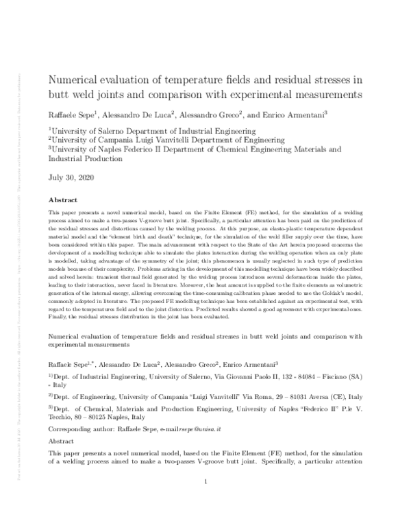 (PDF) Numerical evaluation of temperature fields and residual stresses ...