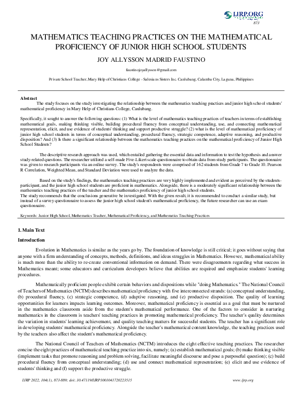 (PDF) Mathematics Teaching Practices on Mathematical Proficiency of ...