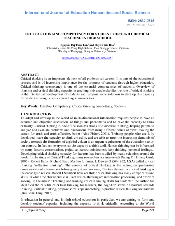 (PDF) Critical Thinking Competency for Student Through Chemical ...
