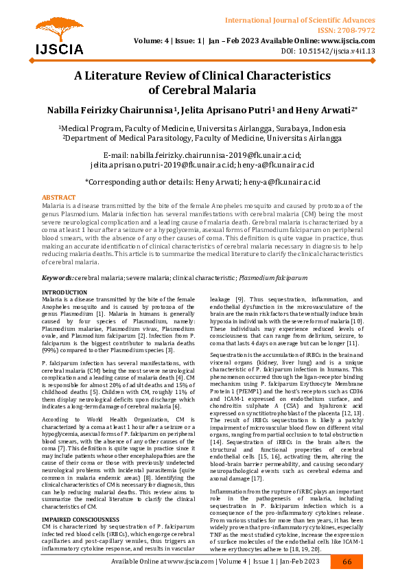 (PDF) A Literature Review of Clinical Characteristics of Cerebral Malaria