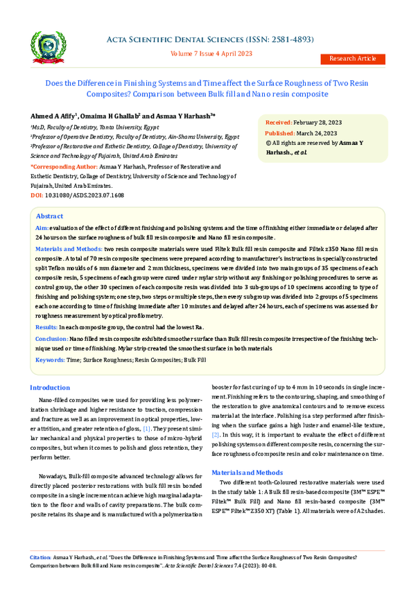 Does the Difference in Finishing Systems and Time affect the Surface Roughness of Two Resin Composites? Comparison between Bulk fill and Nano resin composite