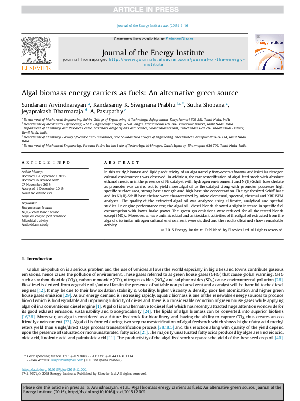 (PDF) Algal biomass energy carriers as fuels: An alternative green source