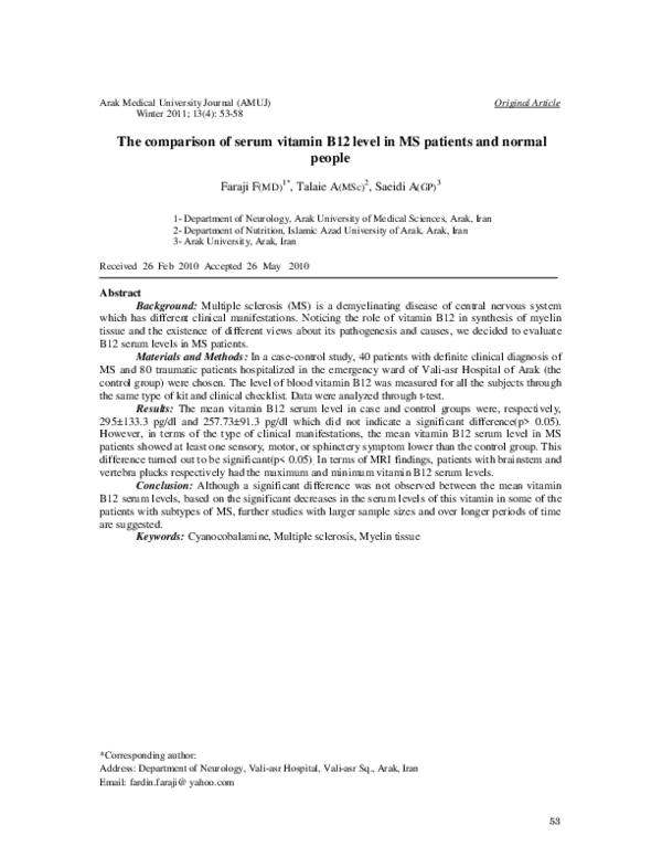 (PDF) The Comparison of Serum Vitamin B12 Level in MS Patients and ...