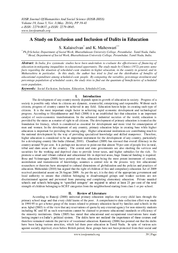 (PDF) A Study on Exclusion and Inclusion of Dalits in Education