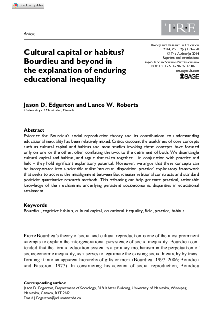 (PDF) Cultural capital or habitus? Bourdieu and beyond in the ...