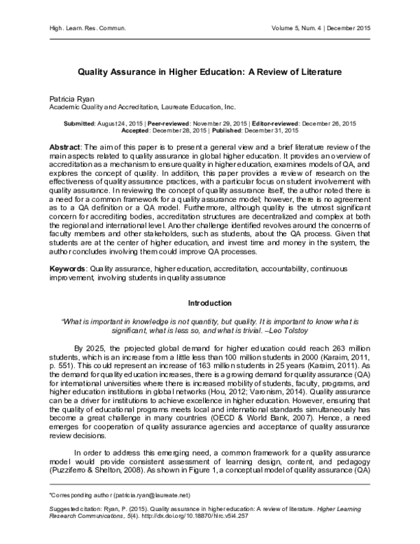 (PDF) Quality assurance in higher education: A review of literature
