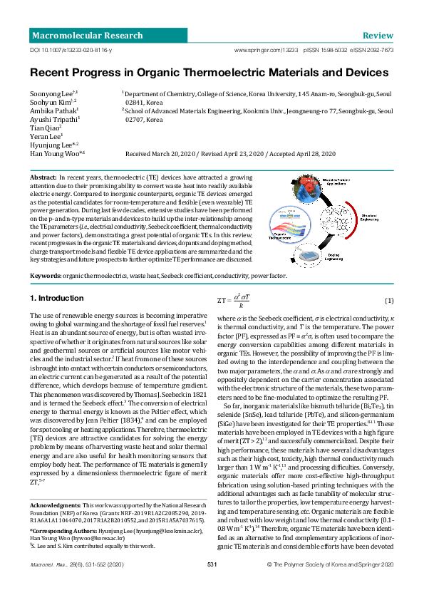 (PDF) Recent Progress in Organic Thermoelectric Materials and Devices