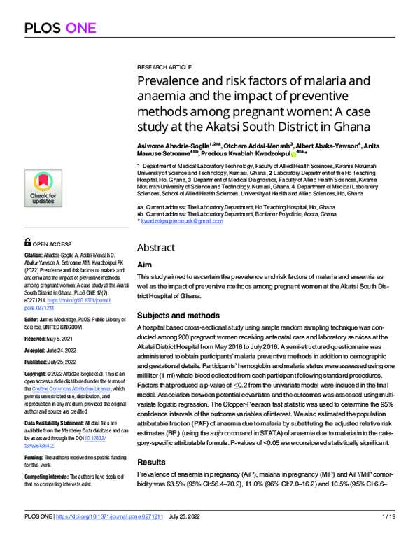 (PDF) Prevalence and risk factors of malaria and anaemia and the impact ...