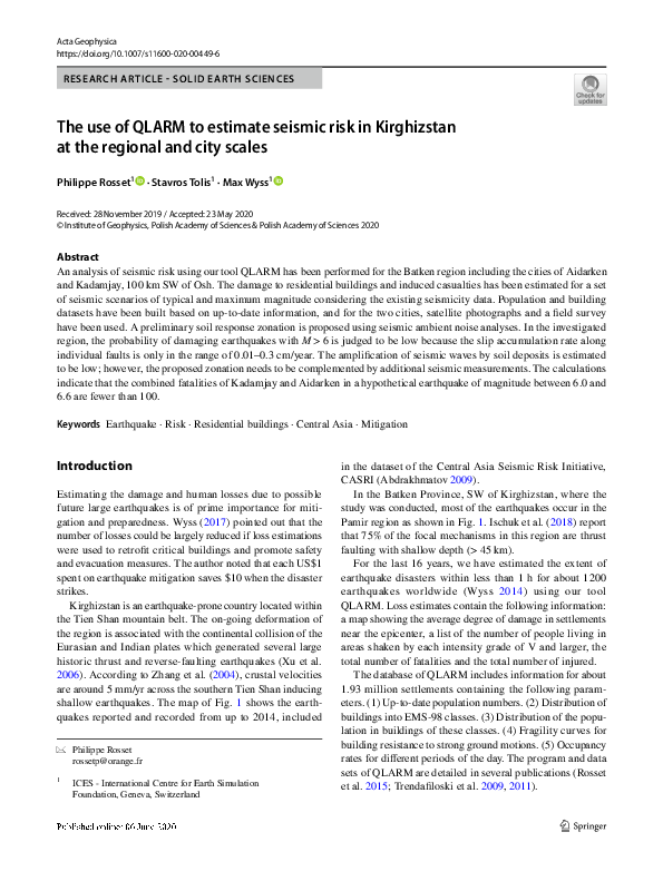 (PDF) The use of QLARM to estimate seismic risk in Kirghizstan at the ...