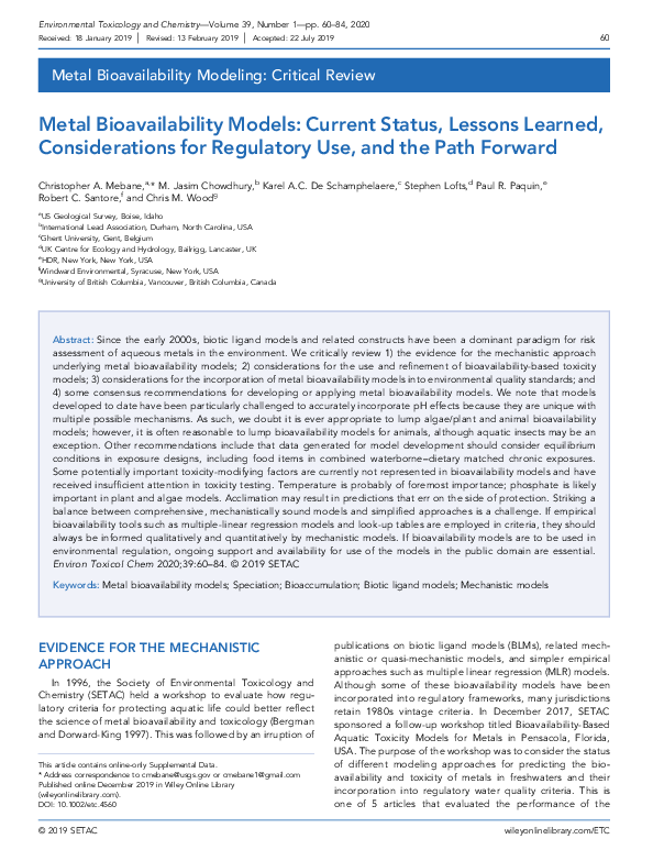 (PDF) Metal Bioavailability Models: Current Status, Lessons Learned ...