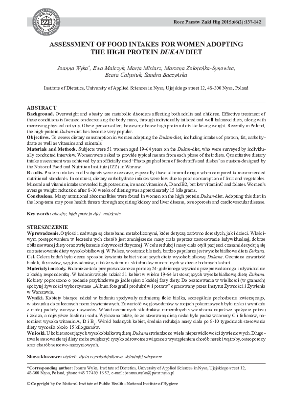 (PDF) Assessment of food intakes for women adopting the high protein ...