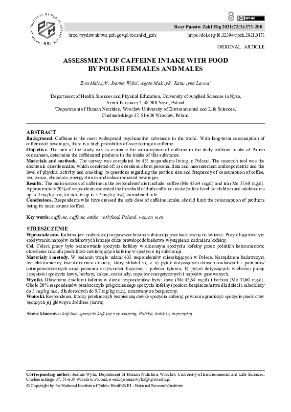 (PDF) Assessment of caffeine intake with food by Polish females and males