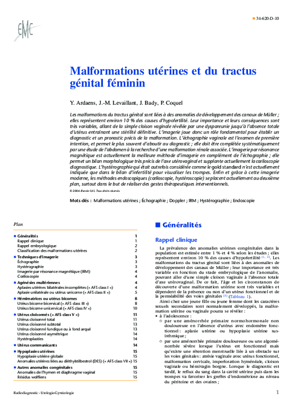 (PDF) Malformations utérines et du tractus génital féminin