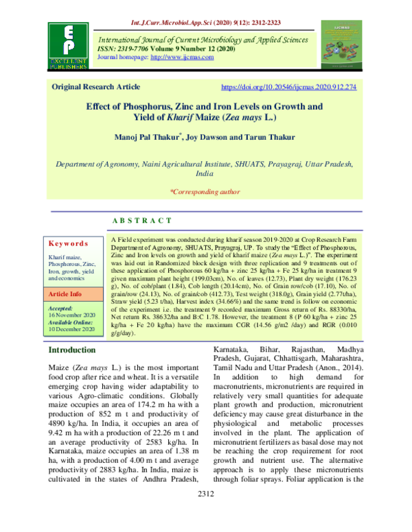 (PDF) Effect of Phosphorus, Zinc and Iron Levels on Growth and Yield of ...