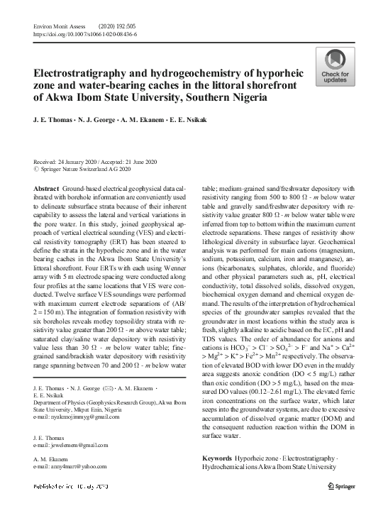Electrostratigraphy and hydrogeochemistry of hyporheic zone and water-bearing caches in the littoral shorefront of Akwa Ibom State University, Southern Nigeria