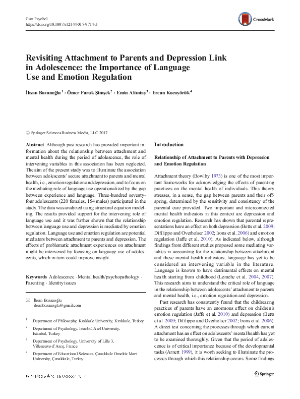 (PDF) Revisiting Attachment to Parents and Depression Link in ...