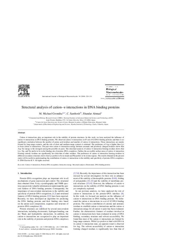 (PDF) Structural analysis of cation–π interactions in DNA binding proteins
