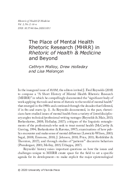 (PDF) The Place of Mental Health Rhetoric Research (MHRR) in Rhetoric ...