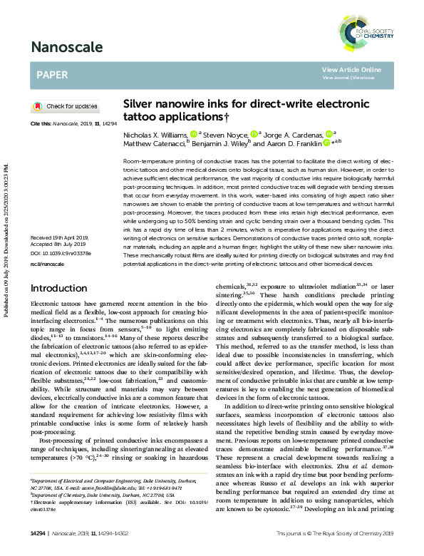 (PDF) Silver nanowire inks for direct-write electronic tattoo applications