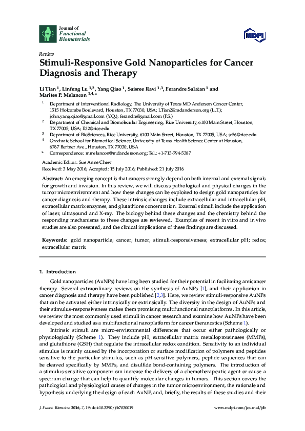 (PDF) Stimuli-Responsive Gold Nanoparticles for Cancer Diagnosis and ...