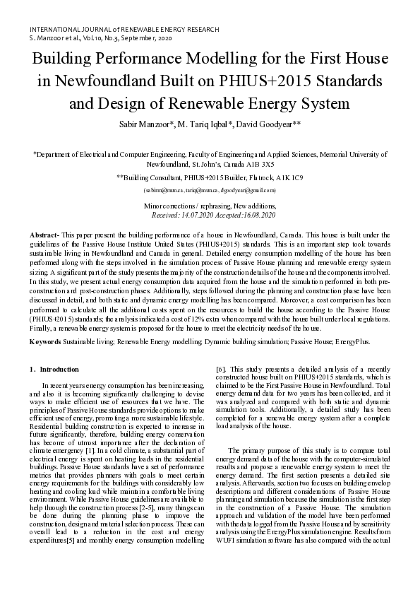 Building performance modelling for the First House in Newfoundland built on PHIUS+2015 standards and design of Renewable energy system