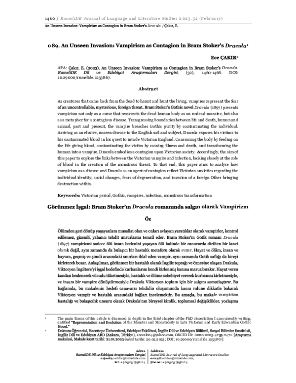 (PDF) An Unseen Invasion: Vampirism as Contagion in Bram Stoker’s Dracula