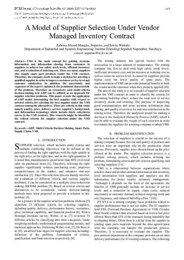(PDF) A Model of Supplier Selection Under Vendor Managed Inventory Contract
