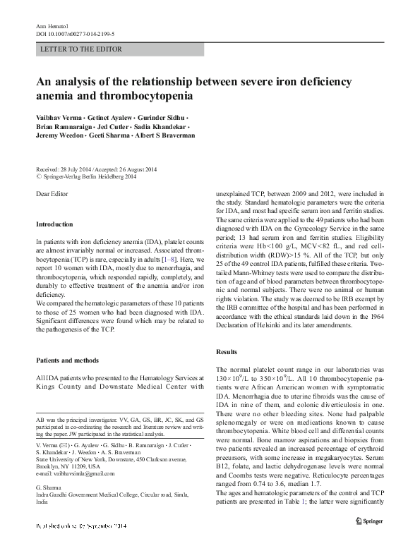 (PDF) An analysis of the relationship between severe iron deficiency ...