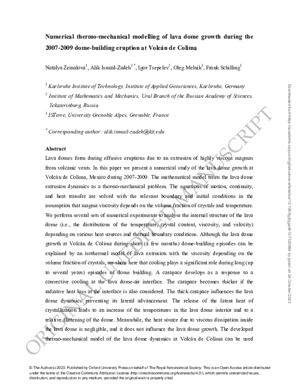 (PDF) Numerical thermo-mechanical modelling of lava dome growth during ...
