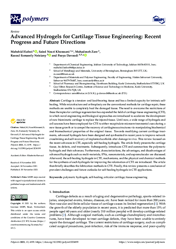 (PDF) Advanced Hydrogels for Cartilage Tissue Engineering: Recent ...