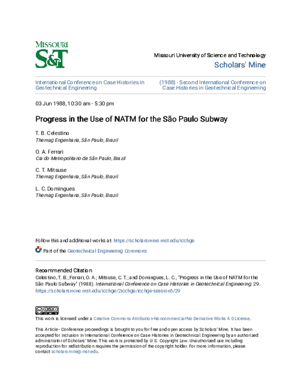 (PDF) Progress in the Use of NATM for the São Paulo Subway
